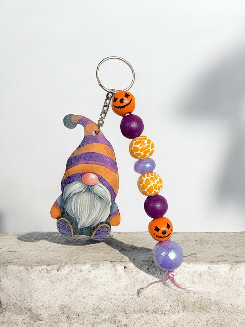Halloween Gnome Beaded Keychain in Purple and Orange